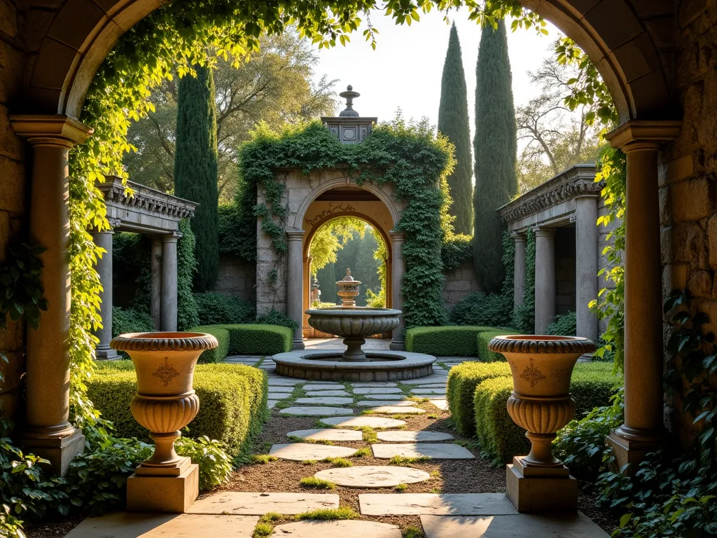 Ancient Ruins Secret Garden - A captivating wide-angle dusk shot of a backyard garden transformed into an ancient Roman-inspired sanctuary. Weathered limestone columns, partially covered in aged patina, stand majestically among beds of climbing wisteria and English ivy. A crumbling stone archway frames the scene, while strategically placed broken terracotta urns and weathered stone benches create authentic archaeological displays. Golden hour sunlight filters through the foliage, casting dramatic shadows across moss-covered stone pathways. Classical water features with verdigris finish peek through overgrown Mediterranean cypress trees. Shot with DSLR camera, f/8 aperture, capturing the ethereal atmosphere where nature reclaims ancient architecture. The composition emphasizes depth with foreground stone fragments leading to a focal point of vine-wrapped Grecian pillars.