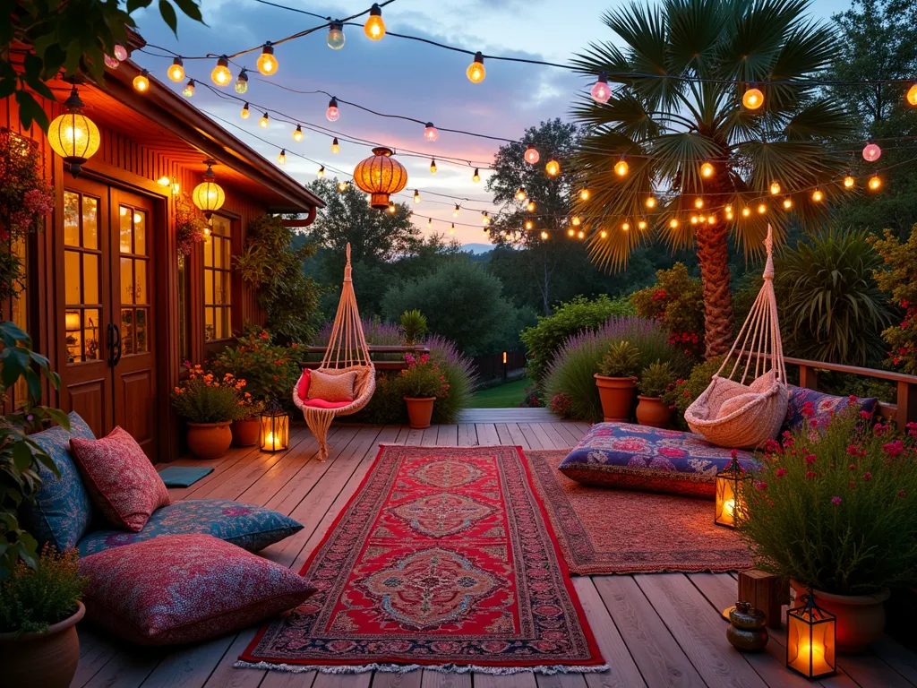 Twilight Bohemian Garden Sanctuary - A wide-angle twilight shot of a lush bohemian garden retreat, featuring a dreamy wooden deck adorned with vibrant Moroccan floor cushions and macramé hanging chairs. Strings of warm-glowing paper lanterns criss-cross overhead, casting a magical ambiance. Persian rugs layer the deck, while brass artifacts and copper wind chimes add mystical touches. The surrounding garden showcases a wild, untamed mix of flowering plants including lavender, salvias, and ornamental grasses swaying in the breeze. Vintage ceramic pots overflow with trailing nasturtiums and potted palms create natural privacy screens. Stained glass hangings catch the last rays of sunset, creating colorful light patterns across the space. The overall scene captures a perfect balance between curated comfort and natural wilderness.