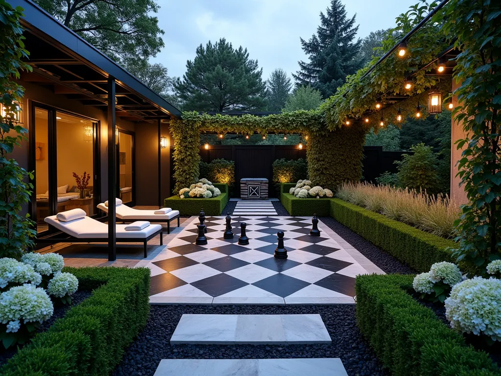 Elegant Chess-Themed Garden at Dusk - A stunning wide-angle photograph of an elegant chess-themed garden at dusk, captured with a 16-35mm lens at f/2.8, ISO 400. The centerpiece features a large black and white marble chess board patio, surrounded by geometric boxwood hedges in a classic checkered pattern. Oversized modern chess pieces, standing 3 feet tall, are strategically placed on the board. The garden is bordered by alternating white hydrangeas and black mondo grass, creating a living chess-inspired boundary. Two comfortable modern outdoor loungers in black and white sit beneath a pergola draped with climbing white jasmine. Warm landscape lighting casts dramatic shadows across the space, while string lights twinkle overhead. Black and white gravel paths wind through beds of contrasting silver artemisia and dark heuchera, maintaining the chess theme throughout the garden. A subtle water feature with a geometric design provides peaceful background ambiance.