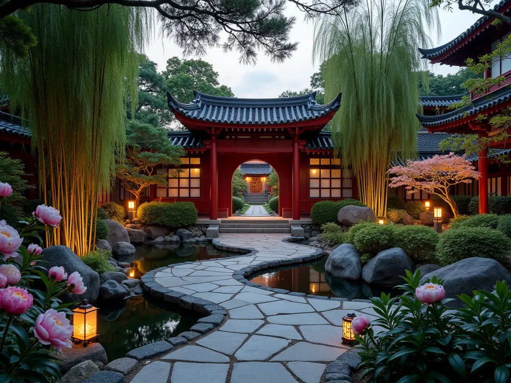 Serene Chinese Scholar Garden at Dusk - A stunning wide-angle photograph of a tranquil Chinese scholar garden at dusk, featuring a traditional red moon gate arch as the focal point, surrounded by gracefully arching bamboo. A stone pathway winds through the scene, leading to an elegant wooden pavilion with upturned eaves reflected in a small koi pond. Natural rock formations are artistically placed throughout, creating a sense of balance. Blooming pink and white peonies grace the foreground, while carefully pruned Japanese maples add layers of depth. Soft lantern light illuminates the scene, creating a magical atmosphere. Shot with a 16-35mm lens at f/2.8, ISO 400, capturing the golden hour light and long shadows that enhance the garden's contemplative atmosphere.