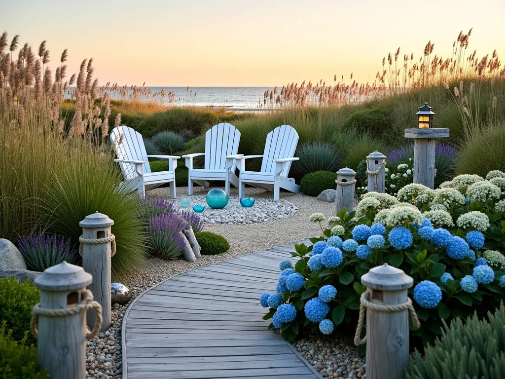 Coastal Paradise Garden Retreat - A serene seaside garden at golden hour, photographed with a wide-angle lens at f/2.8. Weathered wooden boardwalk meanders through tall, swaying maritime grasses and hardy coastal plants. Blue hydrangeas and white sea lavender create soft color accents. Vintage nautical lanterns line the path, while a whitewashed Adirondack chair grouping sits on a circular patio surrounded by beach pebbles and seashells. Driftwood art pieces and rope-wrapped posts add maritime character. Large decorative glass floats in varying shades of blue catch the warm evening light. Silver-leaved plants like artemisia and dusty miller provide texture among natural beach grass. The garden transitions from structured plantings to a more natural, dune-like landscape, with coastal succulents dotting the sandy ground cover.