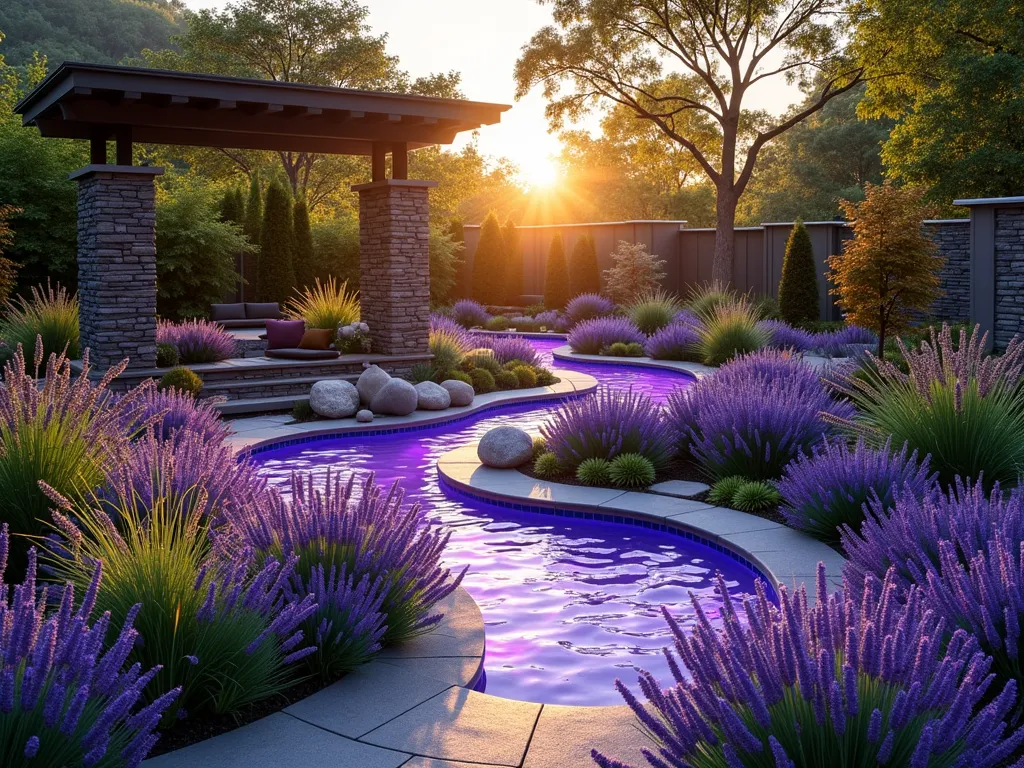 Sunset Color Therapy Garden Sanctuary - A serene garden at golden hour featuring distinct outdoor rooms divided by curved pathways and flowing ornamental grasses. The foreground showcases a purple meditation zone with lavender beds, violet salvias, and purple mood lighting beneath a pergola. Transitioning to a calming blue section with blue hydrangeas and delphiniums surrounding a peaceful water feature. The background reveals a vibrant orange and yellow space with marigolds, black-eyed susans, and warm-toned deck lighting. Soft chromotherapy lights illuminate each zone, creating a dreamy atmosphere. Shot with a wide-angle lens capturing the flowing transitions between color zones, with golden sunlight filtering through Japanese maple trees. Professional landscape photography, 16-35mm, f/2.8, ISO 400, magical garden atmosphere.