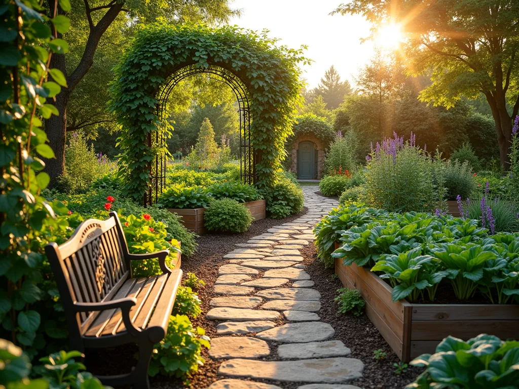 Edible Garden Paradise at Sunset - A DSLR wide-angle photograph of a lush residential edible garden paradise at golden hour. A winding pathway leads through raised cedar vegetable beds filled with colorful Swiss chard and flowering vegetables. An ornate wrought-iron archway covered in climbing snap peas frames the scene. In the foreground, a spiral herb garden features cascading levels of sage, thyme, and lavender. Dwarf fruit trees with ripening apples and pears line the borders. A rustic wooden bench nestled between vintage-style metal plant markers offers a peaceful harvest retreat. Soft sunset lighting casts long shadows across the natural stone pathways, while copper garden stakes add warm metallic accents. Professional garden photography with perfect depth of field capturing both close detail of herbs and the overall garden layout, f/8, ISO 100, 1/125 sec.