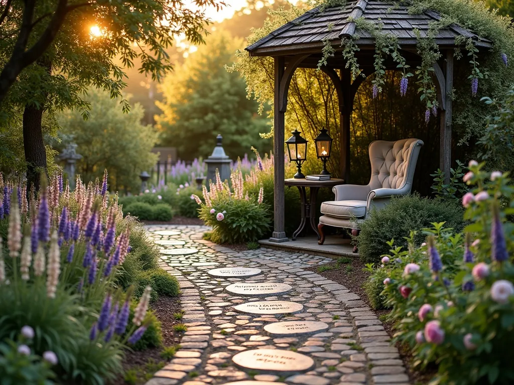 Enchanted Literary Garden Retreat - A serene garden at golden hour, featuring a winding cobblestone path lined with ornate quote-inscribed stepping stones leading to a cozy reading nook. The nook consists of a vintage wrought-iron gazebo draped with climbing roses and wisteria, housing a plush weatherproof armchair and small side table. Surrounding the space are carefully curated plantings of English lavender, foxgloves, and old-world roses, reminiscent of The Secret Garden. Weathered copper lanterns hang from shepherd's hooks, while antique-style hardbound books rest on the table. Shot with a wide-angle perspective to capture the magical atmosphere, with soft golden sunlight filtering through the foliage, creating enchanting shadows on the stone path. The scene is captured with impeccable detail using a digital camera with a 16-35mm lens at f/2.8, ISO 400, emphasizing the romantic, literary atmosphere of this backyard sanctuary.