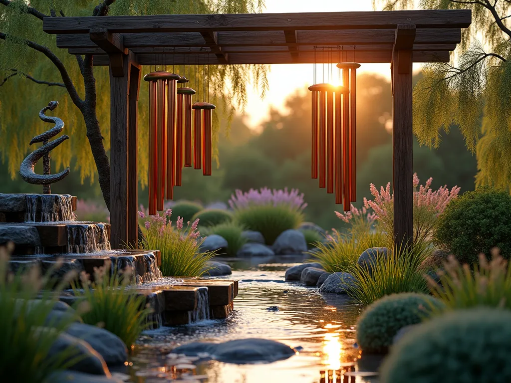 Enchanted Musical Garden at Twilight - A serene twilight garden scene with copper and brass wind chimes hanging from a weathered wooden pergola, casting long shadows. Large bamboo wind organs sway gently among tall ornamental grasses, while a modern sculptural xylophone in metallic silver stands as a focal point. A tiered water feature with multiple cascades creates varying musical notes. Japanese forest grass and weeping willow branches dance in the breeze, with strategic lighting illuminating the musical elements. Carved stone chimes border a curved garden path, while delicate glass bells catch the last rays of sunset. Shot from a wide angle to capture the entire musical installation, with soft bokeh effects highlighting the magical atmosphere. Photorealistic, highly detailed, ethereal lighting.