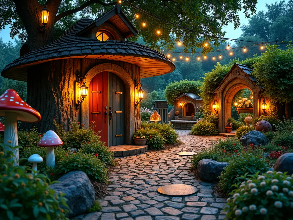 Enchanted Storybook Garden Hideaway - A magical twilight garden scene featuring a cozy reading nook nestled under a whimsical tree house adorned with twinkling fairy lights. The wide-angle shot captures a winding cobblestone path leading through lush cottage-style gardens, bordered by oversized mushroom sculptures and weathered storybooks used as planters. A hand-painted door resembling a book cover serves as the garden entrance, while bronze sculptures of beloved fairy tale characters peek out from between flowering bushes. Natural archways formed by climbing roses and wisteria create secret garden rooms, each themed after different children's stories. The scene is illuminated by vintage lanterns and soft uplighting, casting enchanting shadows across the garden. Small interactive elements like a 'rabbit hole' tunnel and a tea party table with mismatched chairs add playful touches. In the foreground, a collection of fragrant herbs and flowers spill over antique book-shaped stepping stones.