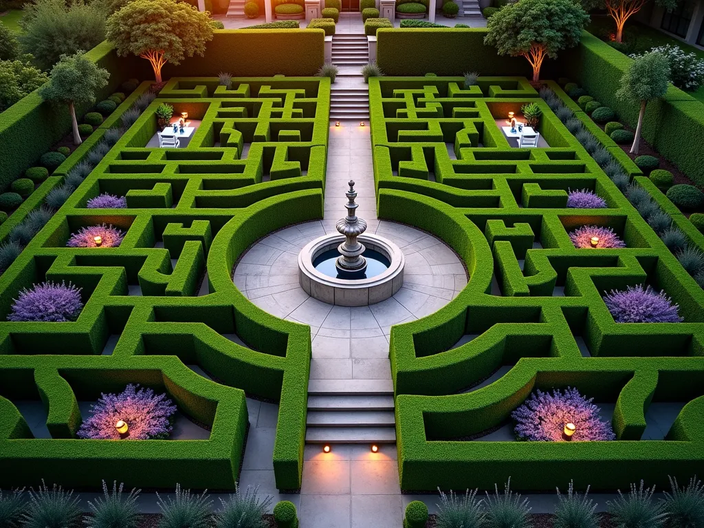 Enchanting Garden Maze at Twilight - A stunning aerial perspective of an elegant garden maze photographed during golden hour twilight. The maze is crafted from meticulously trimmed 6-foot boxwood hedges creating intricate geometric patterns. At its center lies a circular gathering space with a ornate stone fountain surrounded by blooming lavender. Hidden alcoves at maze dead-ends feature white garden benches and flowering climbing roses. Soft landscape lighting illuminates the pathways, while Japanese maple trees add height variation at strategic corners. The maze design incorporates subtle elevation changes with stone steps, creating depth and visual interest. Captured with a DSLR camera using a wide-angle lens at f/8, ISO 100, displaying perfect depth and natural golden hour lighting, emphasizing the magical atmosphere of this sophisticated garden feature.