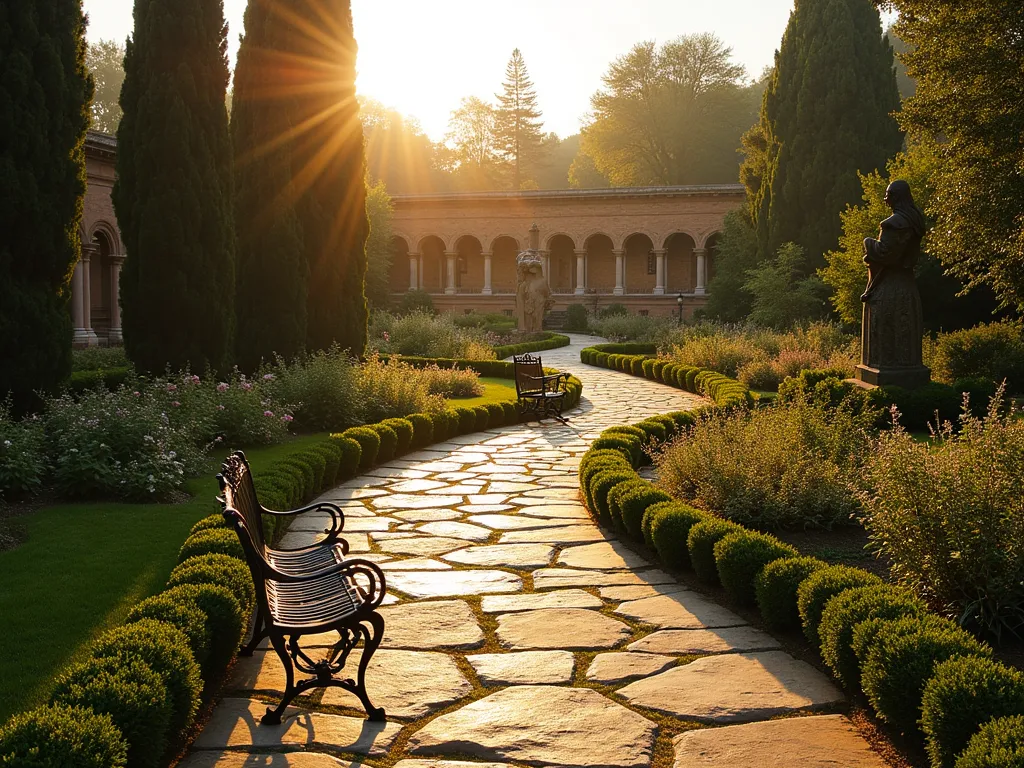 Historical Garden Timeline Path - A winding garden path at golden hour, shot with a wide-angle lens at f/2.8, showcasing a seamless progression through time periods. The foreground features a Victorian-era garden with ornate wrought-iron benches and formal rose gardens. The middle ground transitions into a Medieval herb garden with stone walls and medicinal plants. The background reveals an ancient Roman-inspired section with classical columns and Mediterranean cypress trees. Ornate bronze plaques mark each era, while period-appropriate statuary and water features create focal points. Natural stone pathways connect the sections, with historically accurate plants for each period. Soft, warm lighting casts long shadows across the textured landscapes, highlighting the architectural details and creating a mystical atmosphere. Professional landscape photography with dramatic depth of field.