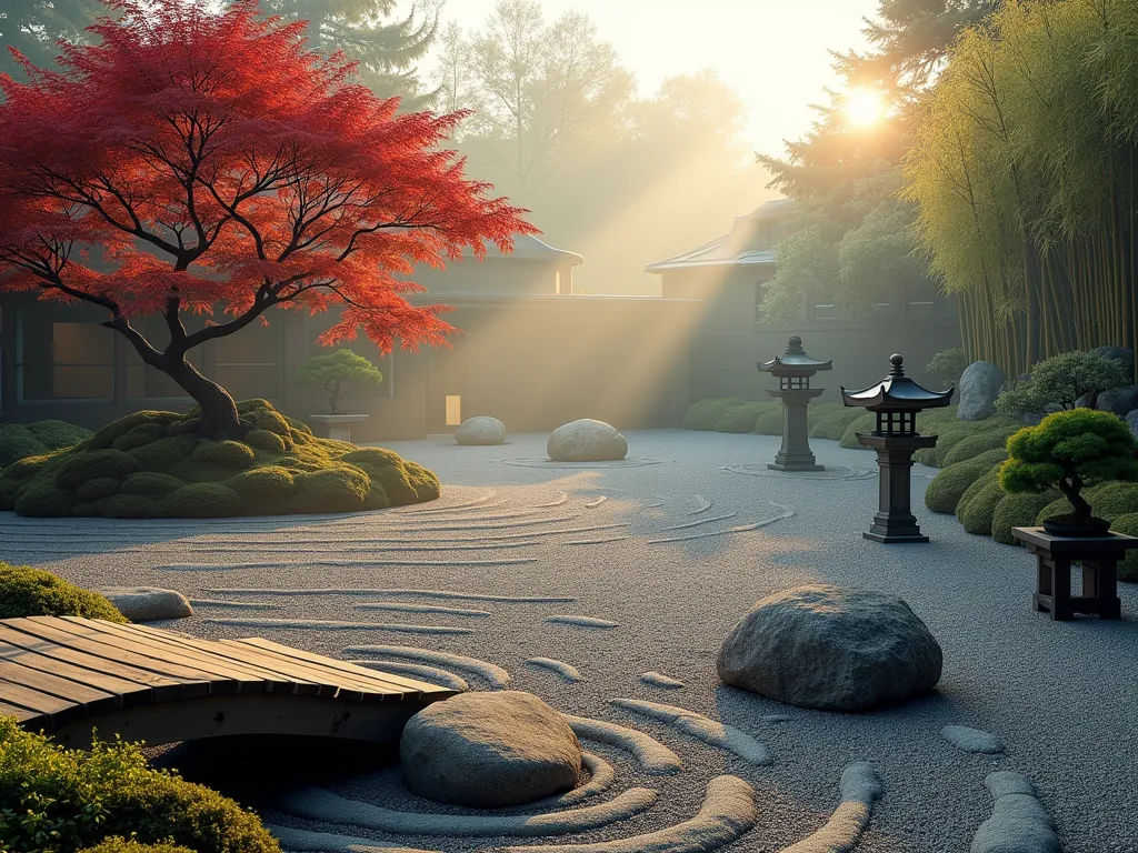 Tranquil Japanese Zen Garden at Dawn - A serene Japanese zen garden at dawn, captured in a wide-angle perspective. Gentle morning mist hovers over meticulously raked concentric circles in light gray gravel. A weathered wooden arched bridge crosses a dry river bed of darker stones. Carefully positioned large granite boulders emerge from the gravel like islands. Two traditional stone lanterns cast long shadows in the early light. A mature Japanese maple with deep red leaves provides a striking focal point, while a cluster of bamboo creates a natural backdrop. Several perfectly maintained bonsai trees on wooden stands line a narrow stone pathway. The scene is framed by moss-covered stones and low-growing ornamental grasses, creating a perfect balance of natural and curated elements. The golden morning light creates a mystical atmosphere, highlighting the textural contrasts between smooth gravel, rough stones, and delicate foliage.