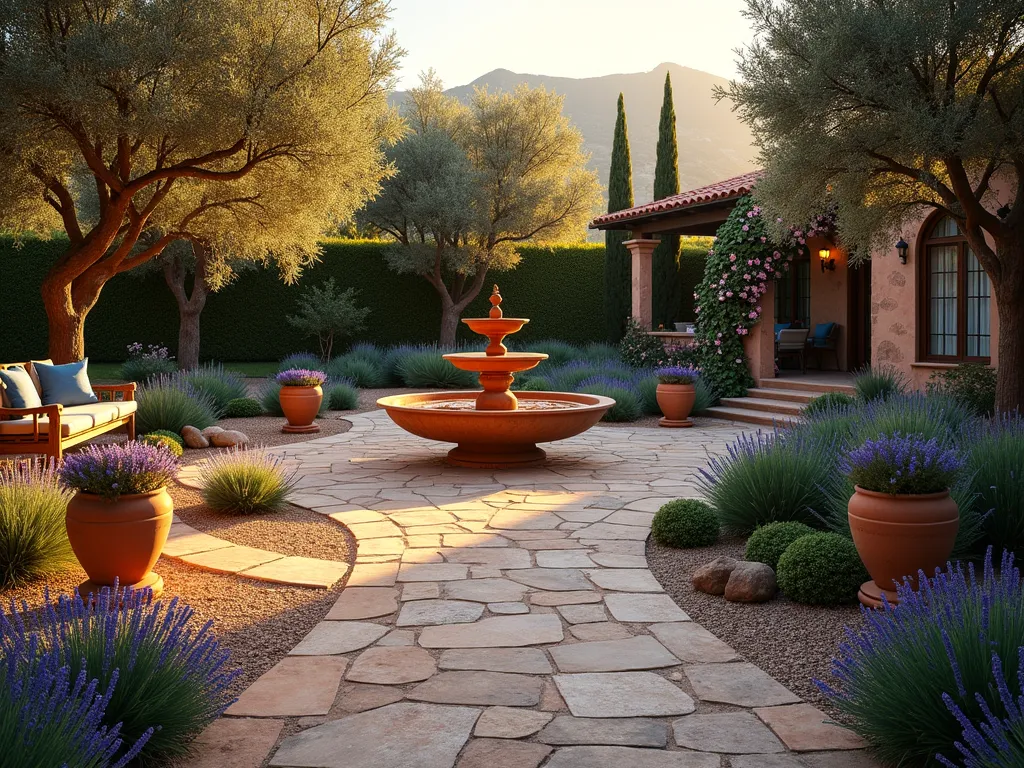 Mediterranean Garden Paradise at Sunset - A dreamy wide-angle shot of a Mediterranean-style garden at golden hour, featuring a weathered stone pathway winding through clusters of blooming lavender and graceful olive trees. A classic tiered terracotta fountain serves as the centerpiece, its water catching the warm sunset light. Rustic stone benches nestled among cypress trees create intimate seating areas, adorned with blue and terra cotta cushions. Large Mediterranean-style urns overflow with drought-resistant plants, while gravel pathways lined with rosemary lead to a covered pergola draped in flowering bougainvillea. The scene is bathed in warm, honey-colored light, creating long shadows and highlighting the textural contrast between the plants and architectural elements. Soft mood lighting illuminates key garden features, creating a magical atmosphere.