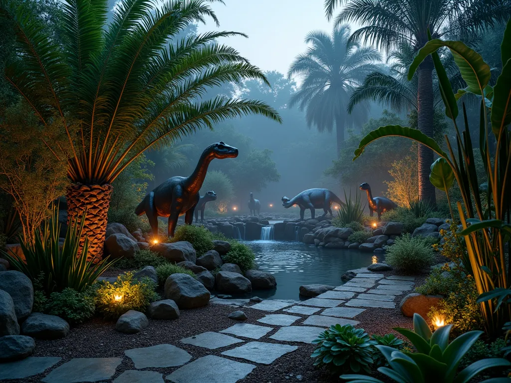 Misty Prehistoric Garden Haven - A moody twilight photograph of a backyard transformed into a prehistoric garden wonderland, captured with a wide-angle 16-35mm lens at f/2.8, ISO 400. Dense clusters of towering tree ferns and prehistoric cycads create a lush canopy, while giant horsetails emerge from a naturalistic pond with stone waterfalls. Weathered bronze dinosaur sculptures lurk among the foliage, their forms partially obscured by atmospheric mist from hidden fog machines. Ancient-looking stone paths wind through the space, lined with fossilized ammonite replicas and primitive plants. Warm landscape lighting casts dramatic shadows through the mist, creating an ethereal Jurassic atmosphere. The composition leads the eye from a rustic wooden viewing deck through the mysterious prehistoric landscape.