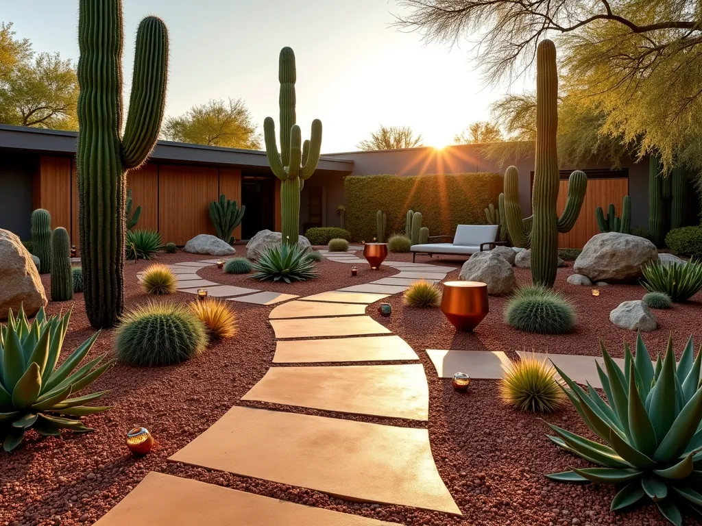 Modern Desert Xeriscape Garden at Sunset - A stunning wide-angle DSLR photograph of a modern desert xeriscape garden at golden hour, captured at f/8. The landscape features a dramatic arrangement of tall saguaro cacti, golden barrel cacti, and diverse succulents in varying sizes. Decorative rust-colored gravel pathways wind through artfully placed boulder formations, while copper metal sculptures add contemporary flair. Warm-toned sandstone pavers create an inviting seating area, complemented by strategically placed LED ground lights that cast dramatic shadows on the sculptural desert plants. The background shows a modern house facade, while the foreground highlights the intricate textures of agave plants and echeveria rosettes. The scene is bathed in warm sunset light, emphasizing the natural colors and architectural forms of the desert plants.