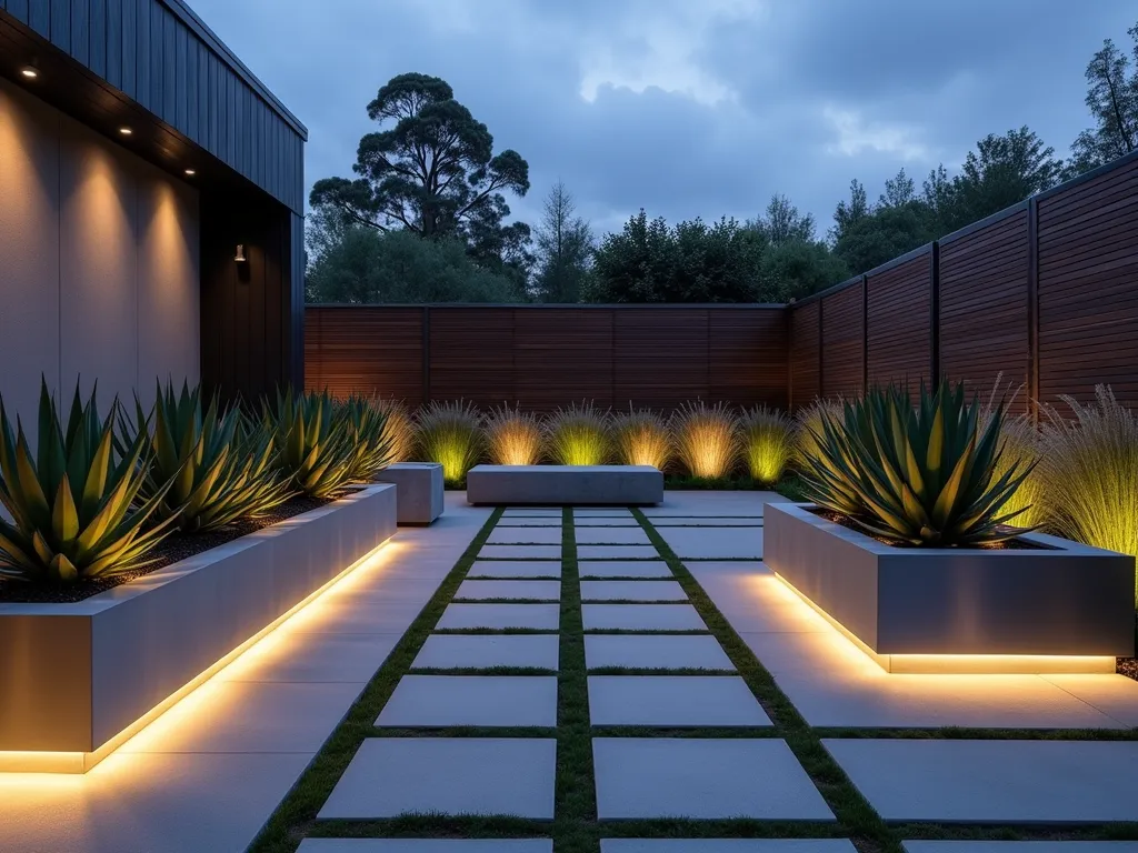 Modern Minimalist Garden Sanctuary - A stunning twilight photograph of a modern minimalist garden space, captured with a wide-angle 16-35mm lens at f/2.8. Sleek concrete pavers in a bold geometric pattern lead through the space, their lines accentuated by warm LED strip lighting. Dramatic rectangular metal planters in brushed steel contain carefully arranged agave plants, their sculptural forms creating striking shadows. Ornamental grasses sway gently in the background, their silhouettes backlit against a contemporary horizontal fence. A floating concrete bench spans one side, while strategically placed architectural spotlights illuminate key design elements. The clean lines and monochromatic palette are softened by the organic shapes of the plants, creating a sophisticated harmony between natural and man-made elements. High-resolution details capture the textural contrast between smooth concrete, metallic surfaces, and plant materials.