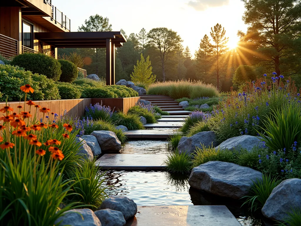 Modern Sustainable Rain Garden - A stunning wide-angle DSLR shot of a contemporary rain garden at golden hour, featuring a terraced landscape with flowing bioswales lined with ornamental grasses and native wetland plants. Sleek cor-ten steel retaining walls create modern lines, while decorative copper rain chains cascade from a pergola into a series of connected stone basins. Permeable concrete pavers form an elegant pathway through the garden, bordered by Joe Pye weed and Black-eyed Susans in full bloom. Natural stone boulders emerge from beds of Blue Flag Iris and Swamp Milkweed, creating focal points. Soft evening light catches water droplets on the foliage, shot at f/8 for perfect depth of field, highlighting the garden's sustainable beauty and water management features. Professional architectural lighting illuminates key design elements.