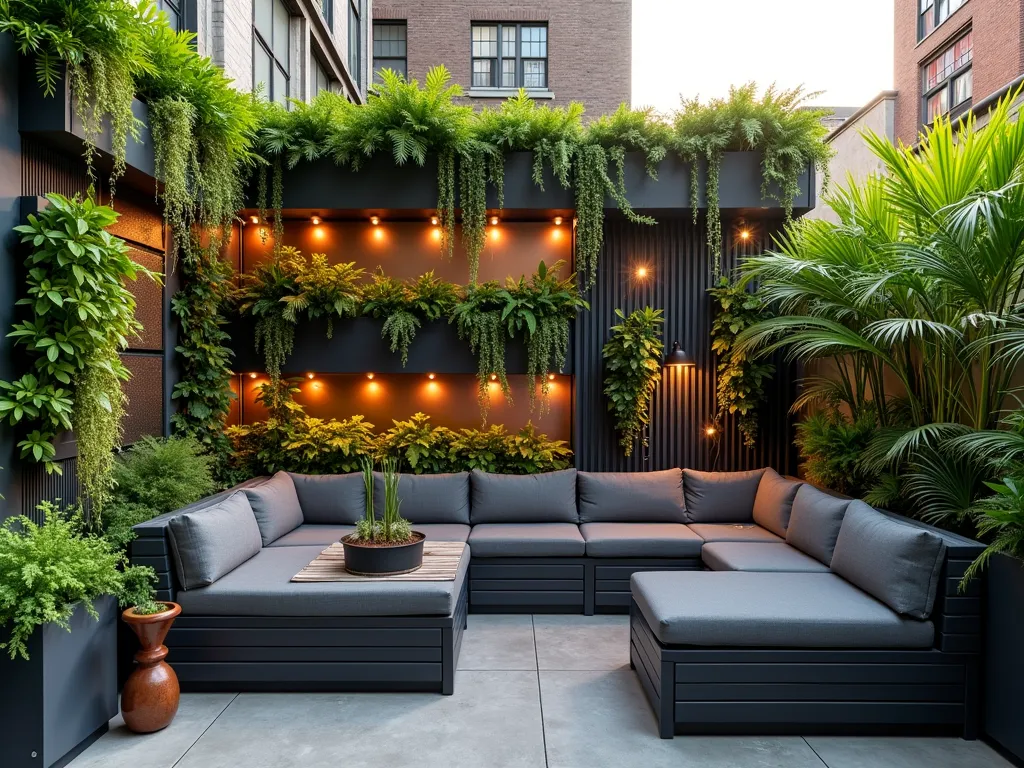 Modern Urban Garden Oasis - A stunning DSLR wide-angle shot of a compact urban balcony garden at golden hour, featuring a dramatic living wall cascading with trailing pothos, ferns, and philodendrons. Modern charcoal-colored modular furniture with hidden storage blends seamlessly with mounted planters. A sleek, wall-mounted water feature creates a gentle cascade between copper-toned panels. Multiple levels of container gardens showcase tropical plants and bamboo, creating natural privacy screens. String lights weave through the vertical garden, casting a warm glow across the polished concrete floor. The space demonstrates masterful use of vertical gardening techniques with a contemporary aesthetic, photographed at f/8 with natural lighting highlighting the textural contrast between foliage and modern materials.