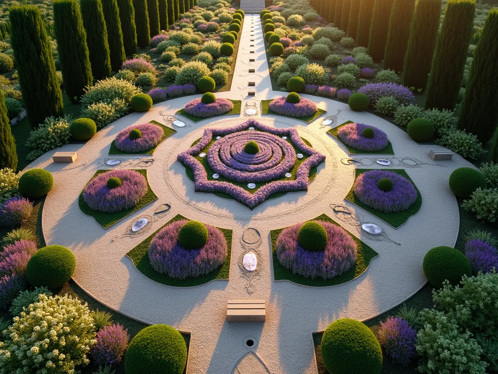 Sacred Geometry Garden with Mandala Pattern - A mesmerizing aerial view of a meticulously designed sacred geometry garden at golden hour, featuring a large central mandala pattern created with different colored flowering plants and crushed stone pathways. The garden is divided into perfect geometric sections with Fibonacci spiral patterns radiating outward, incorporating lavender, white roses, and purple salvia. Stone benches are strategically placed at geometric intersections for meditation, while carefully pruned topiary forms create sacred geometric shapes. Crystal quartz elements catch the evening light, and sacred geometry symbols are subtly incorporated into the paving patterns. Low voltage lighting illuminates the mathematical patterns, casting intricate shadows across the space. The garden is bordered by tall cypress trees creating a sense of sacred enclosure.