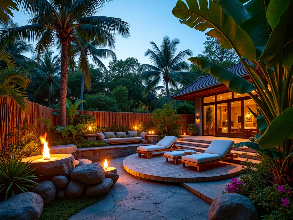 Luxuriant Tropical Garden Paradise at Dusk - A stunning wide-angle photograph of a backyard tropical paradise at dusk, captured with a 16-35mm lens at f/2.8, ISO 400. Towering banana trees and dramatic bird of paradise plants create a lush canopy, while vibrant orange and purple bromeliads add splashes of color throughout. A natural stone pathway leads to a contemporary wooden deck featuring plush outdoor loungers surrounded by dense tropical foliage. Soft lighting from strategically placed tiki torches creates a warm, magical ambiance, their flames reflecting off a curved stone water feature that cascades into a small pool. Elegant bamboo privacy screens frame the space, while mature palm fronds gently sway in the evening breeze. Strategic landscape lighting illuminates the dramatic leaves and creates mysterious shadows, completing this enchanting tropical retreat.