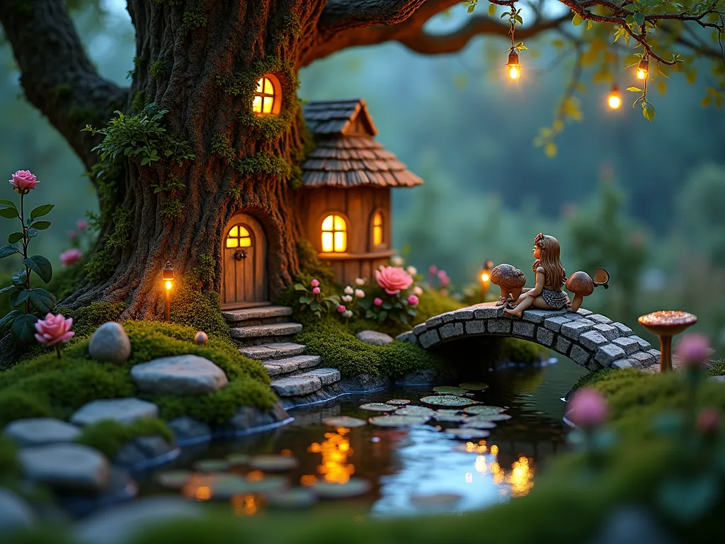 Twilight Fairy Garden Sanctuary - A magical close-up twilight scene of an enchanted fairy garden nestled beneath an ancient oak tree. Tiny whimsical cottages with thatched roofs and glowing windows dot the landscape, connected by winding moss-covered stone pathways. Delicate baby tears cascade over weathered stone walls, while miniature roses bloom in copper planters. Ethereal solar-powered fairy lights twinkle among the foliage, casting a warm golden glow. A detailed wooden fairy door is mounted on the tree trunk, surrounded by climbing ivy and mushroom clusters. A delicate arched bridge spans a small reflecting pool with lily pads, where two hand-painted fairy figurines sit dangling their feet in the water. The scene is captured during the blue hour, with soft ambient lighting creating mysterious shadows and highlighting the magical atmosphere. Hyperrealistic, cinematic lighting, atmospheric depth, Canon EOS R5, f/2.8