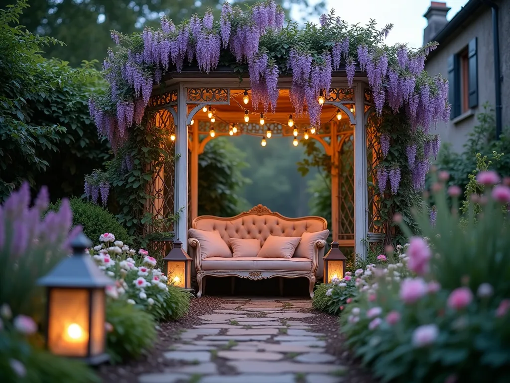 Twilight Romance Garden Hideaway - A dreamy twilight garden scene featuring an intimate whitewashed vintage iron gazebo draped in climbing pink Eden roses and purple wisteria, set in a secluded corner of a lush garden. Soft, warm fairy lights twinkle among the vines, casting a romantic glow. A weathered French provincial loveseat with plush cushions sits inside, surrounded by beds of fragrant lavender, white phlox, and pale pink peonies. Stone pathway leads to the hideaway, lined with softly glowing lanterns. Delicate evening mist adds atmospheric depth, while climbing clematis and jasmine create natural privacy screens. Perspective from pathway entrance, capturing the entire romantic scene with soft bokeh effect on the lights.