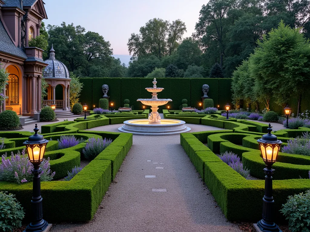 Grand Victorian Formal Garden at Dusk - A wide-angle view of an elegant Victorian formal garden at dusk, illuminated by wrought iron lanterns. Perfectly symmetrical boxwood hedges create intricate geometric patterns around a magnificent tiered marble fountain as its centerpiece. Gravel pathways lined with flowering perennials lead to an ornate wrought iron gazebo. Classical marble statues stand guard at key intersections, while precisely trimmed topiaries frame the scene. A weathered bronze sundial catches the last rays of sunlight. Victorian-style iron benches and planters add authentic period charm. The garden features a mix of roses, lavender, and delphinium borders in soft pastels. Climbing wisteria drapes gracefully over architectural elements.