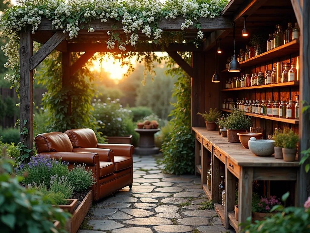 Vintage Apothecary Healing Garden at Dusk - A serene DSLR wide-angle capture of a rustic apothecary garden at dusk, bathed in warm golden hour light. A weathered wooden pergola draped with flowering jasmine frames an intimate seating area featuring vintage leather armchairs. Neat raised beds contain organized rows of medicinal herbs including lavender, sage, and chamomile, each with handcrafted copper plant markers. Antique apothecary bottles and mason jars line wooden shelving, while dried herbs hang from copper racks overhead. A distressed wooden potting table displays mortar and pestles, vintage scales, and carefully labeled glass containers. Stone pathways wind through the garden, bordered by therapeutic plants like echinacea and lemon balm. Soft LED lanterns provide ambient lighting, creating a mystical atmosphere as the sun sets, 8K resolution, professional photography, cinematic