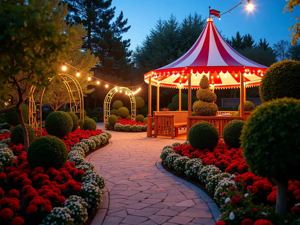 Whimsical Circus Garden at Twilight - A magical twilight garden scene captured with a wide-angle lens, showcasing a whimsical circus-themed backyard. Perfectly trimmed spherical topiaries line a curved pathway, illuminated by strings of vintage-style carnival lights. Red and white striped flower beds feature alternating rows of red salvias and white petunias. A classic circus tent-inspired pergola stands as a centerpiece, its peaked top adorned with twinkling lights. Ornate golden-framed fun mirrors are artfully placed among the plantings, reflecting the garden's magical atmosphere. Carnival-style games are integrated into the landscape, with topiary archways forming ring-toss stations. The scene is photographed during the blue hour, with warm lighting creating a dreamy, enchanting atmosphere. Shot at f/2.8 with subtle depth of field, emphasizing the magical evening ambiance. 16mm focal length captures the full spectacle of this unique garden theme.