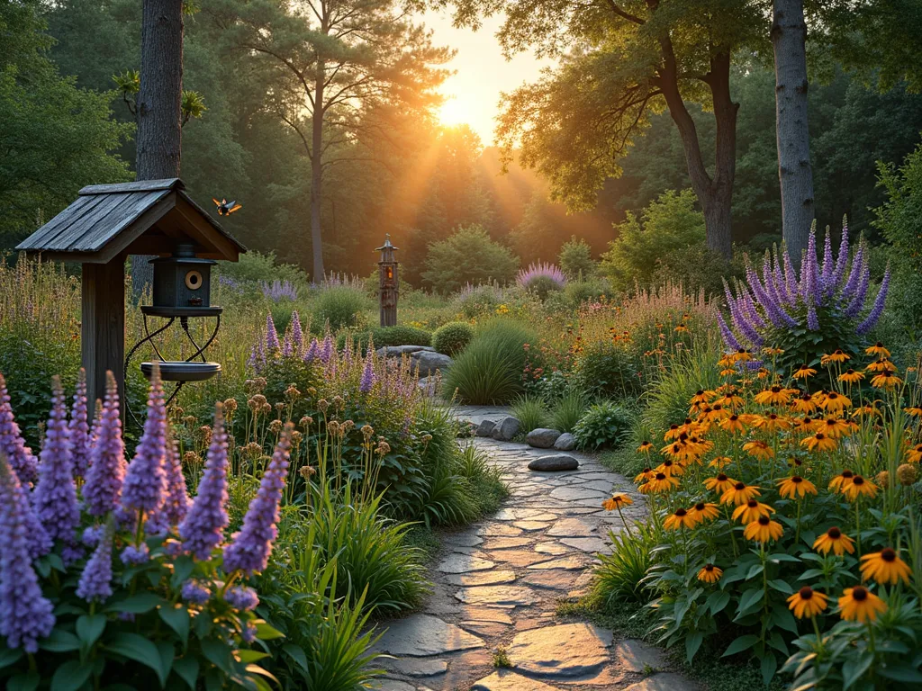 Vibrant Wildlife Garden Haven - A stunning dusk photograph of a naturalistic garden sanctuary, captured with a wide-angle 16-35mm lens at f/2.8, ISO 400. Golden hour light illuminates a meandering garden path through layers of native wildflowers, including purple coneflowers and black-eyed susans in the foreground. A rustic wooden bird feeding station stands amid butterfly-friendly flowers, while a natural stone water feature creates gentle ripples. In the middle ground, flowering native shrubs and tall grasses provide shelter, with a decorative bee house mounted on a weathered post. The background features mature trees with dappled light filtering through, creating a magical atmosphere. A hummingbird hovers near blooming cardinal flowers, while butterflies dance around the purple and yellow blooms. The garden's wild yet organized design showcases multiple habitat zones, with strategically placed brush piles disguised by ornamental grasses and flowering vines