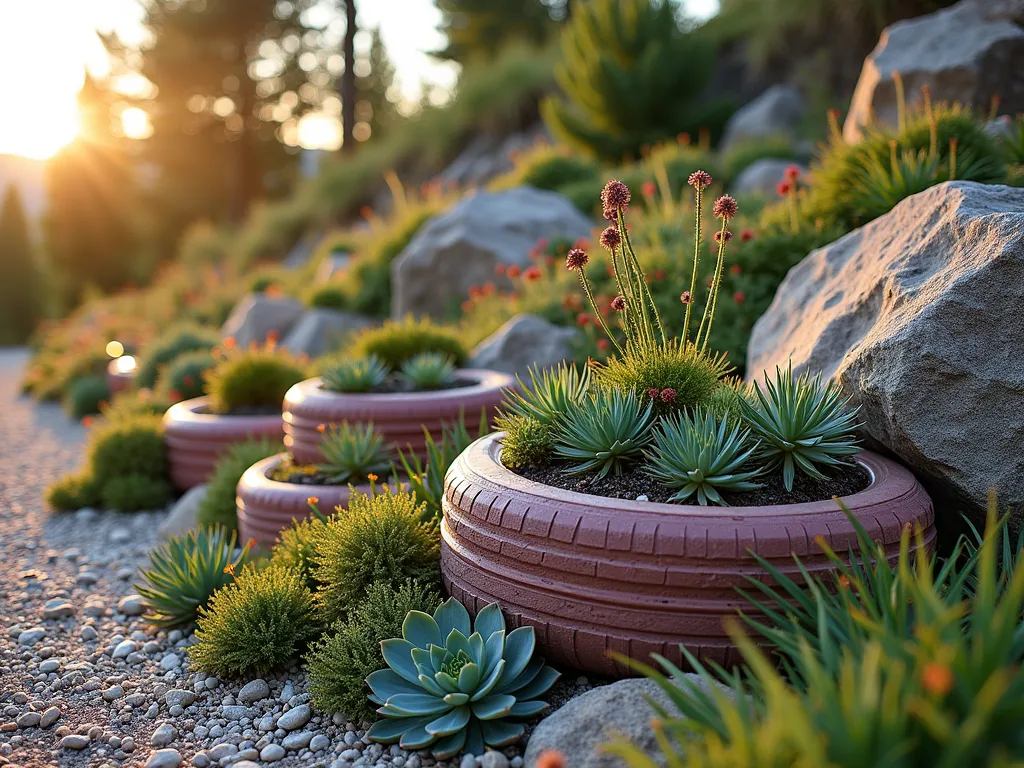 Alpine Tire Rock Garden Border at Sunset - A stunning garden border at golden hour featuring recycled tires artfully arranged in a terraced formation against a natural slope. The tires are partially buried and painted in earthy stone colors, filled with cascading alpine plants and drought-resistant succulents. Large, weathered boulders and light-colored gravel are strategically placed between the tires, creating an authentic mountain garden aesthetic. The scene is captured in warm evening light, with the sun casting long shadows across the textured landscape. Shot at f/2.8 with a slight wide-angle perspective, showcasing the depth and dimension of the rock garden while maintaining sharp detail in the foreground succulents. Small clusters of Sempervivum and Sedum spill over the tire edges, while compact Alpine plants like Saxifraga and Arabis create pockets of delicate flowers throughout.