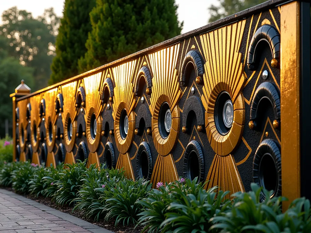 Art Deco Tire Fence with Golden Geometrics - A stunning garden boundary fence made from recycled tires painted in luxurious metallic gold and deep black, arranged in bold Art Deco geometric patterns against a lush garden backdrop. The tires are artfully positioned to create zigzag and sunburst patterns characteristic of Art Deco style, with small circular mirrors and metallic accents nestled between the patterns. Shot during golden hour, with warm sunlight catching the metallic elements, creating a dramatic interplay of light and shadow. The wide-angle composition shows the full grandeur of the 8-foot fence while ornamental grasses and dark green shrubs add organic contrast to the geometric design. Professional DSLR photo with pristine clarity, f/8 aperture capturing the intricate details of the bold, glamorous boundary feature.