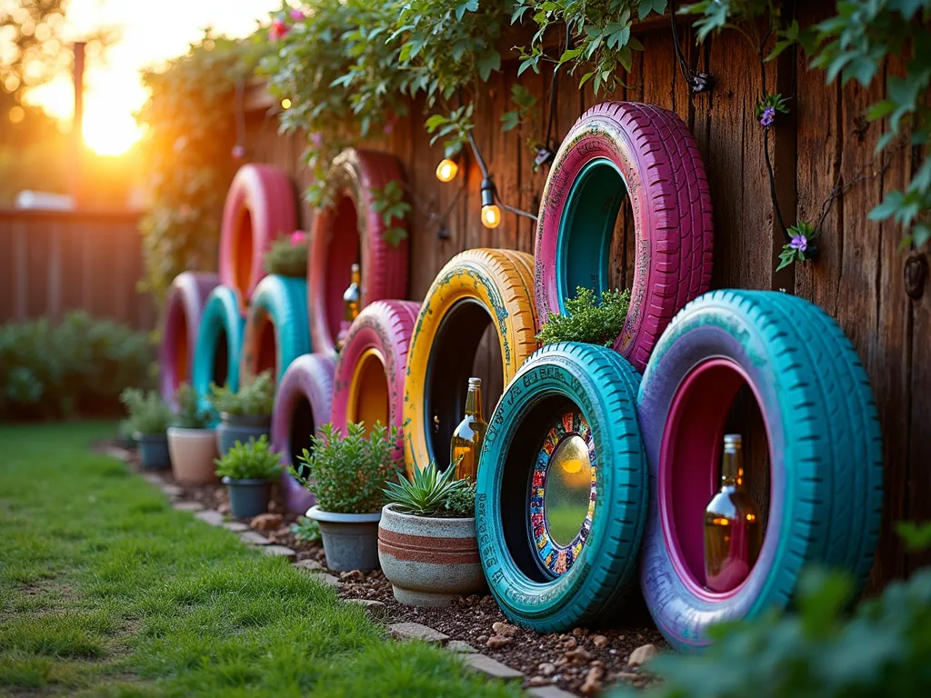 Bohemian Rainbow Tire Wall Garden Feature - A whimsical garden boundary wall made from recycled tires, photographed during golden hour sunset. The tires are arranged in an artistic, flowing pattern and painted in vibrant bohemian colors including turquoise, magenta, yellow, and purple. Embedded decorative elements include vintage mirrors, colorful glass bottles, and mosaic tiles that catch the light. Small potted succulents and trailing plants like string of pearls cascade from some tire openings. The wall is backed by climbing jasmine and features LED string lights woven throughout. Shot from a medium angle to showcase both the intricate details and the overall artistic impact, with warm sunset light creating magical reflections off the mirrors and bottles, masterfully composed, photorealistic.