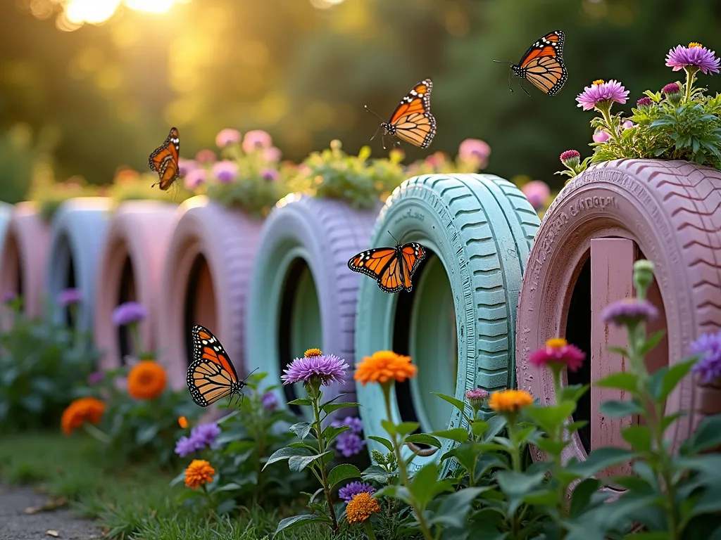 Whimsical Butterfly Tire Garden Fence - A enchanting garden fence made of recycled tires arranged in a graceful wave pattern, painted in soft lavender, mint green, and blush pink pastels. The tires are artfully planted with butterfly-attracting flowers including purple coneflowers, butterfly bush, lantana, and bright zinnias in full bloom. Captured during golden hour, with dramatic side lighting highlighting several monarch and swallowtail butterflies floating among the flowers. The creative boundary curves gently through the garden, creating a living wall effect with cascading blooms. Shot from a three-quarter angle to show both the artistic tire arrangement and the abundant butterfly activity, with a soft bokeh background of lush garden foliage.