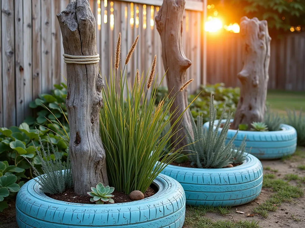 Coastal Tire Garden Screen at Sunset - A creative garden boundary made of repurposed tires, photographed at golden hour with a 16-35mm lens at f/2.8, ISO 400. The tires are arranged vertically in a gentle curve and painted in weathered coastal colors - soft blues, sandy beiges, and whitewashed tones. Beach grasses and coastal succulents spill dramatically from the tire openings. Weathered rope details weave between the tires, while reclaimed driftwood posts add structural elements. Sea thrift and blue fescue grass catch the warm sunset light, creating a dreamy seaside atmosphere. The screen partially frames a cozy beach-style patio area with weathered wooden decking in the background.