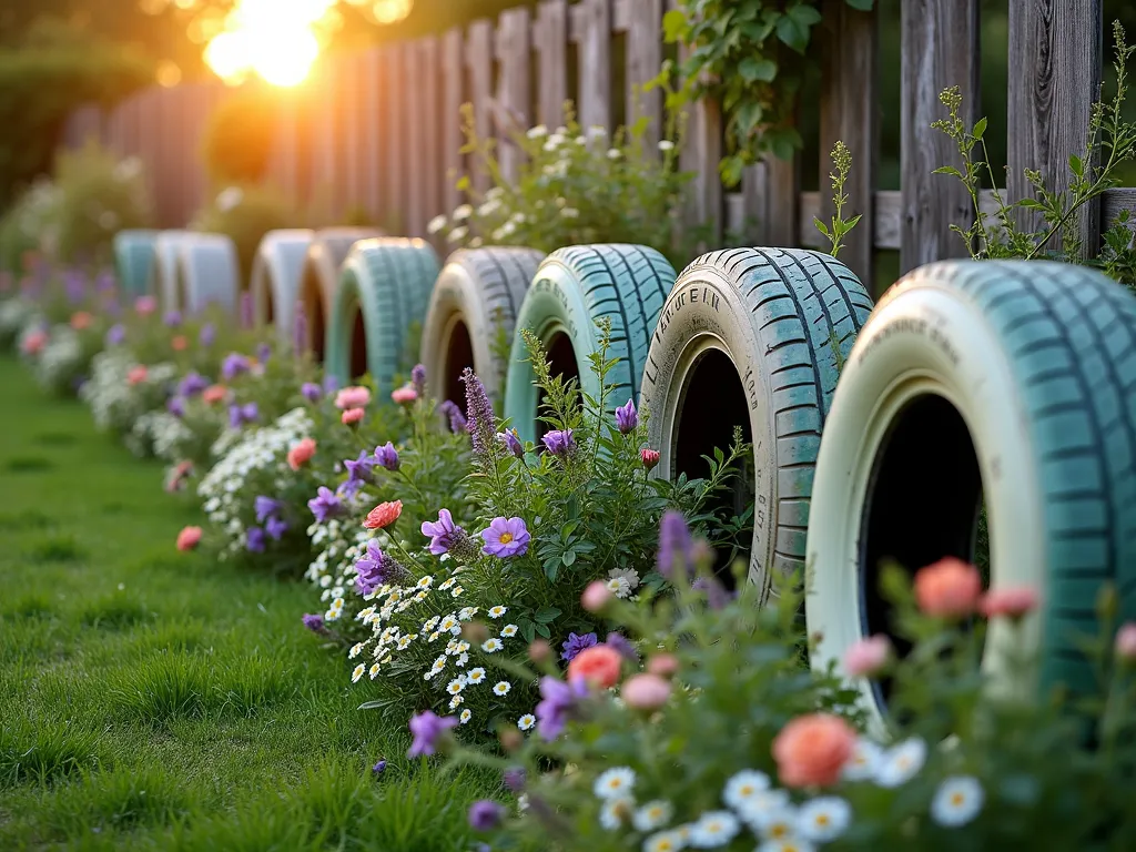 Rustic Cottage Garden Tire Border with Blooming Perennials - A charming cottage garden boundary made from repurposed tires, photographed during golden hour. The tires are artfully arranged in staggered heights and painted in weathered sage green and soft cream colors, creating a whimsical border. Overflowing with cottage garden classics including lavender, foxgloves, delphiniums, and climbing roses. The tires are partially covered with cascading English ivy and surrounded by daisies and butterfly bush. Soft evening light filters through the flowers, creating a dreamy, romantic atmosphere. Shot from a low angle to emphasize the height variation and abundant blooms, with a rustic wooden fence visible in the background. Captured with shallow depth of field to highlight the delicate flower details while maintaining the overall garden context. 8K, ultra-detailed, professional photography.