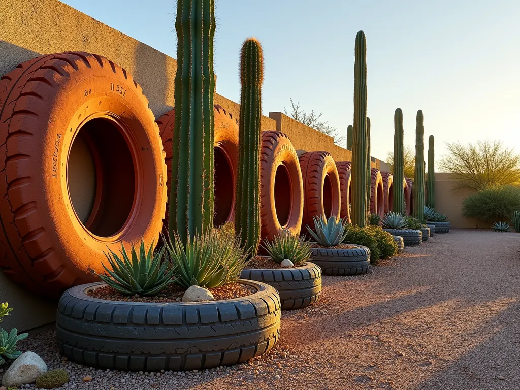 Desert Tire Garden Wall at Sunset - A stunning wide-angle DSLR photograph of a creative southwestern garden boundary wall made from recycled tires, photographed during golden hour. The tires are artfully stacked and painted in warm terra cotta, sandy beige, and burnt sienna earth tones, creating a dramatic textural backdrop. Tall saguaro cacti and golden barrel cacti emerge from the base, while cascading strings of burro's tail succulents drape elegantly from tires converted into planters. Desert pebbles and decorative rocks in varying sizes create a natural transition at the base. The low-maintenance garden features clusters of blue agave and ocotillo, with their distinctive shapes casting dramatic shadows across the tire wall. Soft sunset lighting highlights the rustic textures and desert plants, while the aperture setting of f/8 ensures both the detailed tire wall and surrounding desert landscape remain in sharp focus. The composition showcases both the innovative boundary solution and its perfect integration with the arid landscape design.