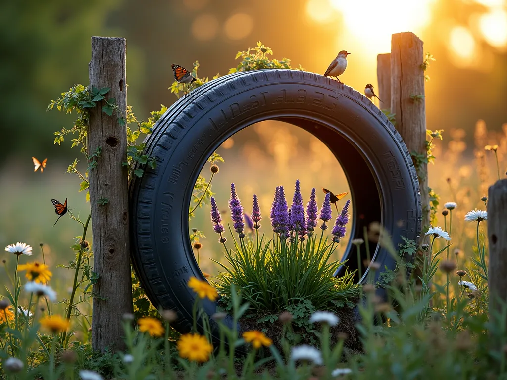 Eco-Friendly Tire Wall Garden Haven - A creative garden boundary made from recycled tires arranged vertically, photographed during golden hour. The tires are artistically stacked and filled with native wildflowers, butterfly bushes, and bee-friendly plants cascading downwards. Some tires feature built-in insect hotels with bamboo tubes and wood blocks, while others contain small water features for birds. Natural wooden posts connect the tires, with climbing ivy adding organic texture. Butterflies hover near purple coneflowers and black-eyed susans, while small birds perch on the tire edges. Shot with shallow depth of field focusing on a central tire bursting with lavender and yarrow, surrounded by soft bokeh effect. The warm sunset light casts beautiful shadows through the structure, creating a magical wildlife sanctuary atmosphere.