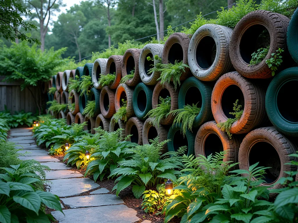 Forest Garden Tire Living Wall at Dusk - A serene garden boundary created from recycled tires arranged vertically as a living wall, photographed at dusk with soft ambient lighting. The tires are expertly painted in forest green and rich bark brown tones, cascading with native ferns, hostas, and woodland plants. The living wall features varying depths, with some tires protruding slightly to create a dynamic 3D effect. Japanese painted ferns and bird's nest ferns spill dramatically from the openings, while moss creeps along the tire edges. Photographed with a wide-angle lens to showcase the full height and organic flow of the structure, with subtle garden lighting illuminating key plants. The foreground shows a natural stone path leading to the wall, with woodland ground cover adding depth. Shot at f/8 for sharp detail throughout, capturing the intricate textures of both plants and painted tires in the ethereal evening light.