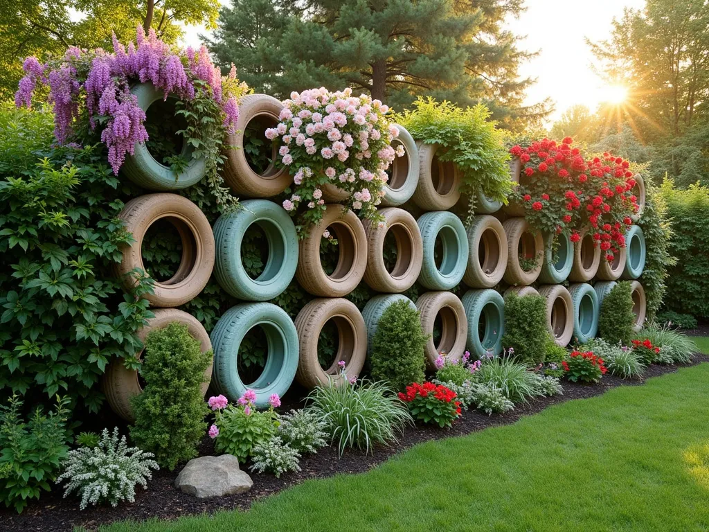 Four-Season Tire Garden Screen - A stunning garden boundary created with recycled tires painted in soft sage green and warm taupe, arranged vertically in an artistic pattern. The tires feature cascading plants for each season: spring cherry blossoms and purple wisteria draping from above, summer's vibrant climbing roses and clematis in full bloom, autumn's fiery red virginia creeper weaving through the structure, and winter's evergreen ivy and silvery dusty miller providing texture. Shot during golden hour, with soft sunlight filtering through the foliage, creating dramatic shadows on the neutral-toned tire backdrop. The wide-angle perspective shows the full height of the 6-foot screen while capturing the lush garden bed at its base filled with seasonal perennials. Photorealistic, high detail, professional garden photography.