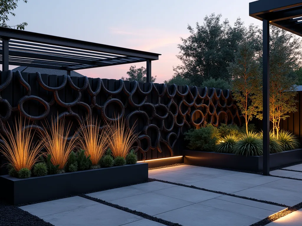 Modern Industrial Tire and Metal Garden Fence - A dramatic dusk photograph of a contemporary garden boundary featuring a sophisticated industrial fence made from matte black painted tires interwoven with sleek steel poles. The fence creates bold geometric patterns against the fading light, with architectural grasses and steel planters adding texture. Shot at f/2.8 with warm evening lighting casting long shadows across a modern concrete patio. LED strip lighting subtly illuminates the tire structure from below, highlighting its innovative design. Modern metal pergola visible in background with climbing vines. Wide-angle perspective showcasing the full architectural impact of the industrial-chic boundary.