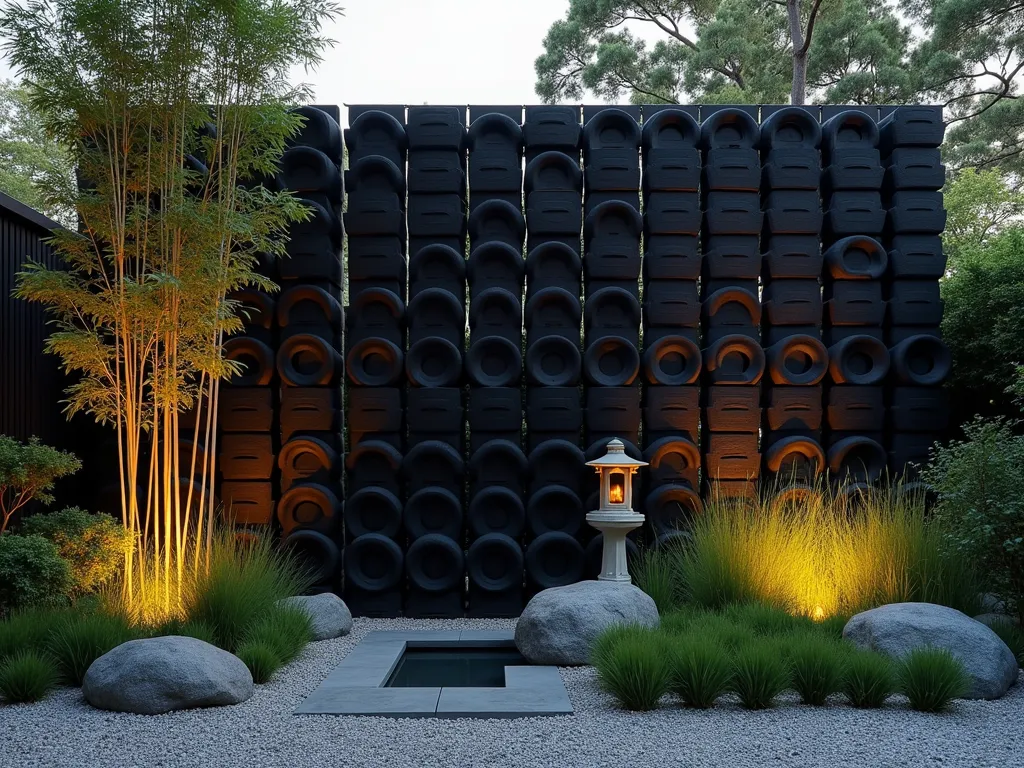 Zen Tire Garden Screen - A serene Japanese garden scene at dusk, featuring an elegant black-painted tire screen wall arranged in a precise geometric pattern. The tires are mounted vertically and staggered, creating a modern architectural element. Soft warm lighting illuminates graceful black bamboo stalks swaying against the screen. Japanese forest grass (Hakonechloa) cascades in flowing mounds at the base, with carefully placed granite stones. A stone lantern casts gentle shadows, while a small water feature provides subtle reflection. Wide-angle perspective captures the entire screen's integration into the peaceful garden setting, shot during golden hour for maximum atmospheric effect.