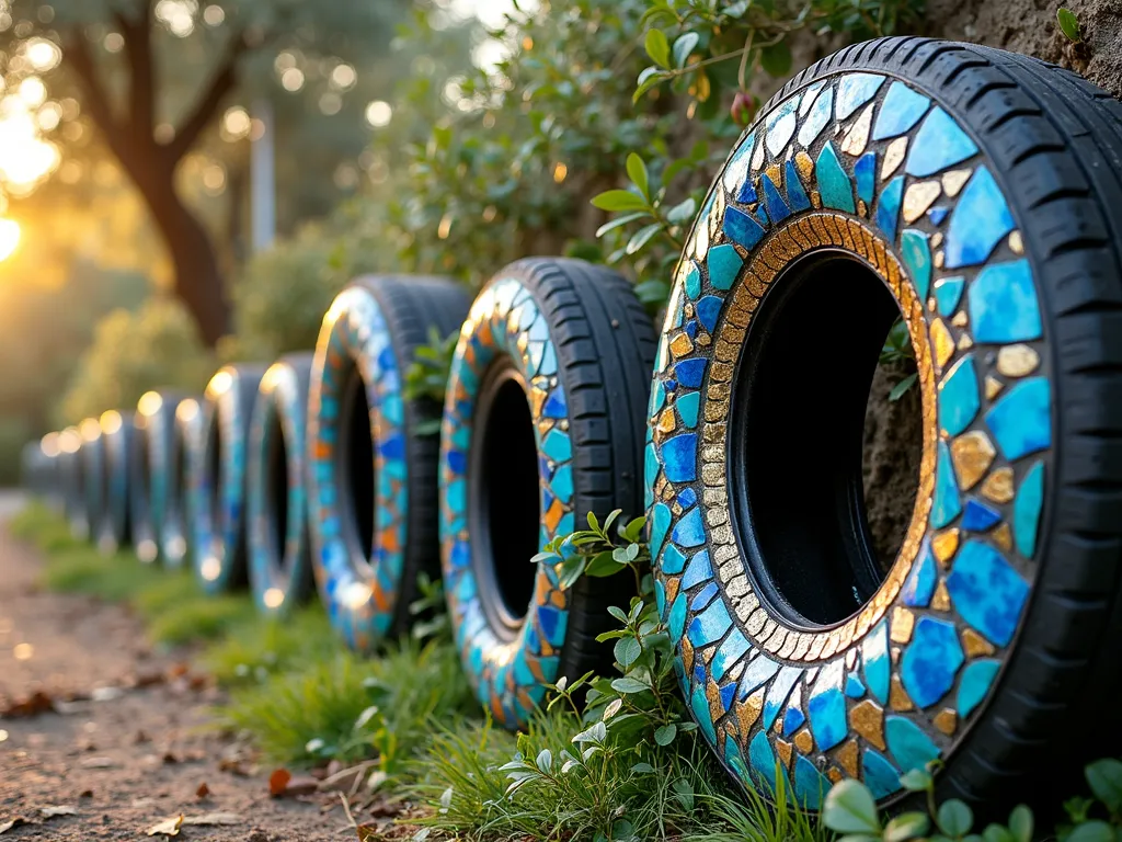 Mediterranean Mosaic Tire Fence - A close-up shot of an artistic garden fence made from upcycled tires, beautifully decorated with vibrant blue, turquoise, and golden mosaic tiles in intricate Mediterranean patterns. The late afternoon sun casts warm shadows through nearby olive trees, making the mosaic tiles sparkle. Each tire is positioned vertically and filled with colorful broken ceramic pieces forming spiral and floral designs. Climbing jasmine vines weave between the tires, adding natural elegance to the industrial-turned-artistic boundary. Shot with a 16-35mm lens at f/2.8, ISO 400, capturing the rich textures and dimensional depth of the mosaic work against the garden backdrop.