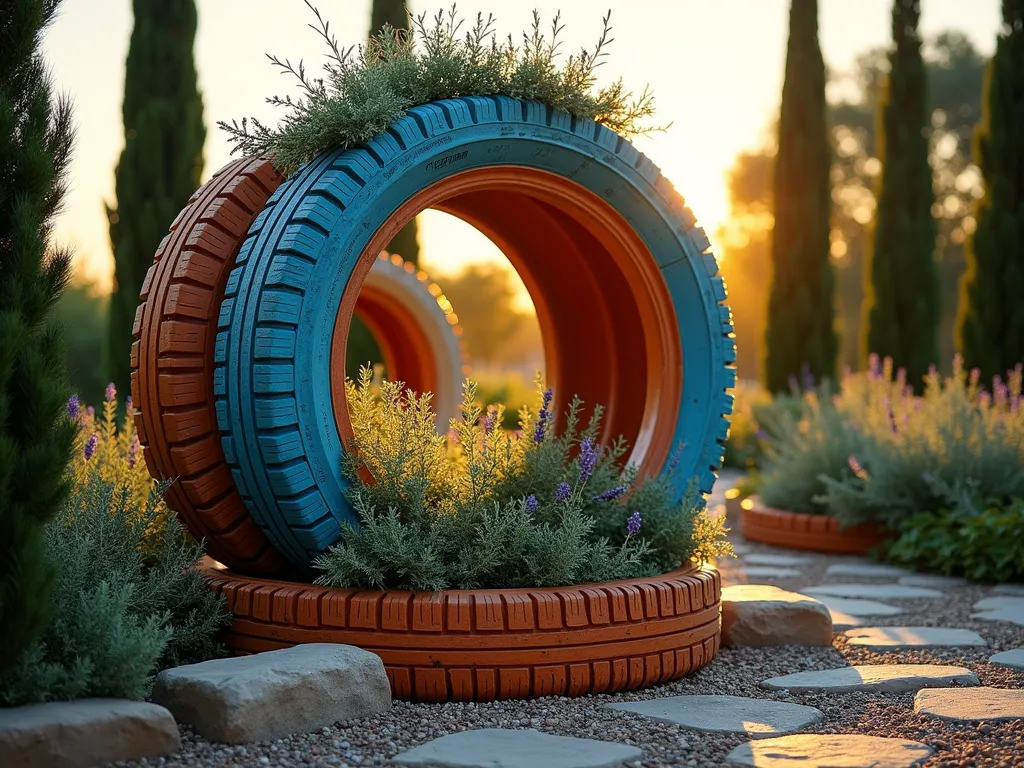 Mediterranean Spiral Herb Garden Tire Fence - A stunning spiral-shaped garden fence created from stacked recycled tires, photographed during golden hour sunset. The tires are artistically painted in warm Mediterranean colors - terracotta, ochre, and azure blue. The spiral structure rises 6 feet high, creating an eye-catching vertical garden boundary. Each tier features cascading Mediterranean herbs including rosemary, sage, thyme, and lavender, their silvery-green foliage contrasting beautifully with the painted tires. Shot from a low angle with a 16-35mm lens at f/2.8, capturing the dramatic spiral pattern against a warm sky, with soft bokeh effects highlighting the aromatic herbs. Natural stone pathways wind around the base, while cypress trees frame the background, creating an authentic Mediterranean garden atmosphere. The structure casts intricate shadow patterns on the rustic gravel garden floor.