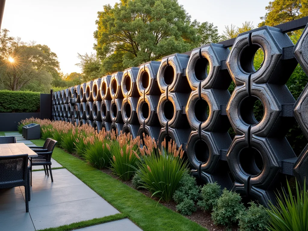 Modern Honeycomb Tire Fence - A stunning modern garden fence made from recycled tires arranged in a precise hexagonal honeycomb pattern, photographed during golden hour. The tires are painted in alternating metallic silver and matte black, creating a sophisticated geometric pattern that rises 8 feet tall. The fence casts intricate shadows on a lush garden backdrop featuring tall ornamental grasses. A wide-angle perspective showcases the architectural impact of the entire fence structure, while soft evening light highlights the dimensional qualities of the honeycomb pattern. Contemporary outdoor furniture and minimalist landscaping complement the industrial-modern aesthetic. The fence is bordered by a row of Mexican feather grass that sways gently, softening the geometric edges.