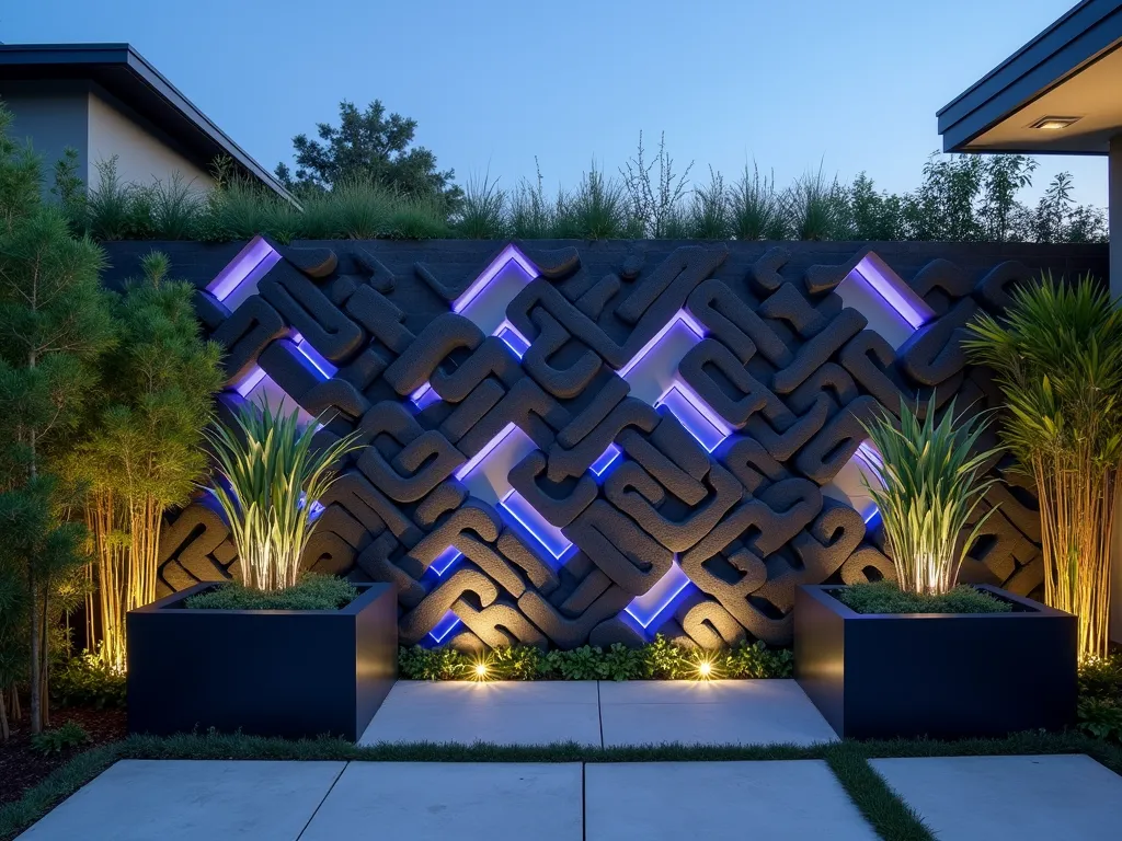 Modern Minimalist Tire Wall with LED Lighting - A stunning dusk photograph of a contemporary garden boundary wall created from recycled tires, shot with a wide-angle 16-35mm lens at f/2.8, ISO 400. The tires are arranged in a precise geometric pattern and painted in alternating shades of sleek matte grey and white. Embedded LED strip lighting casts a soft blue glow between the tire layers, creating dramatic shadows and highlighting the textural elements. The wall spans 20 feet and is backdropped by tall ornamental grasses and modern sculptural bamboo. The minimalist design features clean lines and a sophisticated industrial aesthetic, while strategically placed architectural succulents in black planters add organic elements to the space. The twilight setting emphasizes the wall's dramatic lighting design, with the LED illumination creating a mesmerizing pattern of light and shadow across the contemporary garden space.