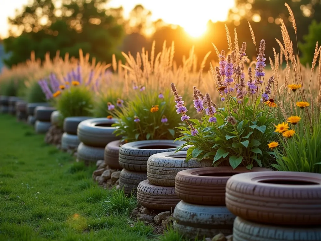 Prairie Style Tire Fence with Native Wildflowers - A wide-angle golden hour photograph of a rustic garden boundary created from earth-toned painted tires arranged horizontally, softened by flowing ornamental grasses and vibrant wildflowers. The tires are artfully staggered and partially submerged, creating a natural-looking border that seamlessly blends with the landscape. Tall prairie dropseed and little bluestem grasses sway in the breeze, while purple coneflowers, black-eyed susans, and butterfly milkweed burst with color between the tires. Warm evening sunlight filters through the grass plumes, creating a dreamy, ethereal atmosphere. Shot with a digital camera at 16mm, f/2.8, ISO 400, capturing the organic transition between maintained garden space and wild prairie landscape.