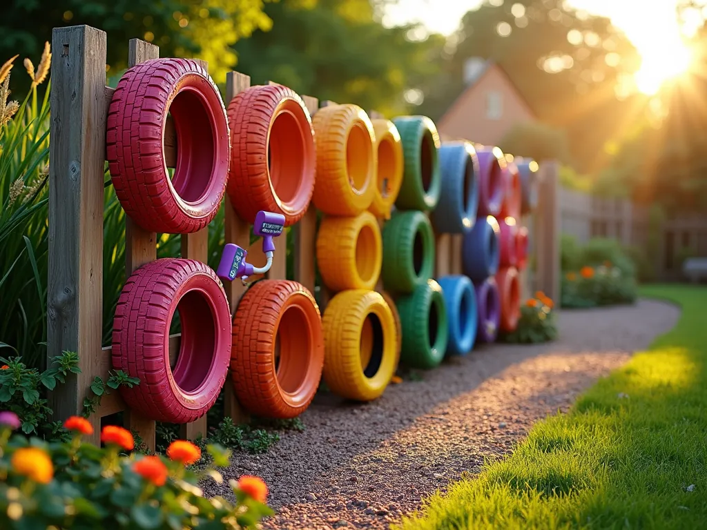 Rainbow Tire Climbing Wall Garden Fence - A magical garden scene at golden hour featuring a creatively designed tire climbing wall fence. Brightly painted recycled tires in rainbow colors (red, orange, yellow, green, blue, and purple) are securely mounted in a climbing pattern against a sturdy wooden frame. Soft rubber mulch padding lines the ground beneath. The climbing wall is 6 feet tall and spans 12 feet wide, photographed at a dynamic 45-degree angle. Lush garden borders frame the scene with ornamental grasses and flowering perennials. Safety grab handles are visible within the tires, and the structure is integrated naturally into the garden landscape. Warm evening sunlight casts playful shadows through the tire openings onto the garden below. A small child's chalk bag and climbing accessories hang decoratively on one side, adding authenticity to the play space. Photorealistic, high detail, architectural photography style.