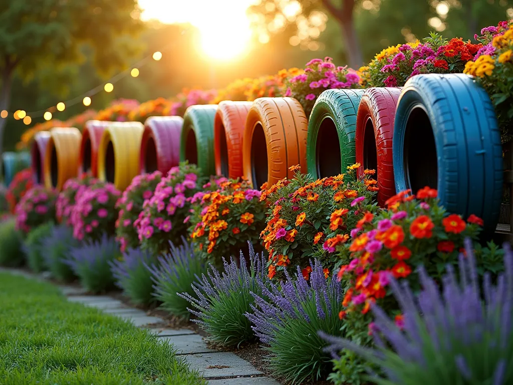 Rainbow Tire Garden Wall at Sunset - A stunning wide-angle shot of a vibrant garden wall made from recycled tires arranged in a zigzag pattern at sunset. Each tire is painted in bold rainbow colors - red, orange, yellow, green, blue, and purple - creating a cheerful mosaic effect. The tires are filled with cascading petunias, trailing nasturtiums, wave petunias, and purple lobelia, creating waterfalls of colorful blooms. Golden evening light filters through the flowers, casting warm shadows on the artistic tire wall. The base features ornamental grasses and lavender bushes, while string lights weave between the tires, adding a magical glow. Photorealistic, high detail, soft natural lighting, depth of field, 4K.