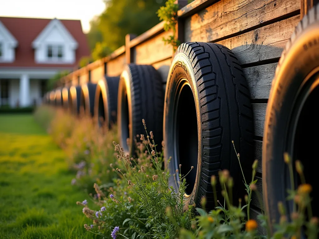 Rustic Tire and Wood Garden Fence - A stunning close-up shot of a unique garden fence at golden hour, featuring alternating halved black tires and weathered reclaimed barn wood planks. The fence stretches along a lush garden border, with tall ornamental grasses and wildflowers softening its base. Warm evening sunlight filters through the structure, creating dramatic shadows and highlighting the textural contrast between the industrial rubber tires and the rustic wood grain. Shot with a shallow depth of field, focusing on the intricate details of the wood's natural patina and the geometric patterns of the tire treads. A modern farmhouse is visible in the soft-focused background, while climbing jasmine begins to weave through the fence structure. Photographed with a digital camera, 16-35mm lens at 35mm, f/2.8, ISO 400, capturing the rich textures and warm tones of sunset.