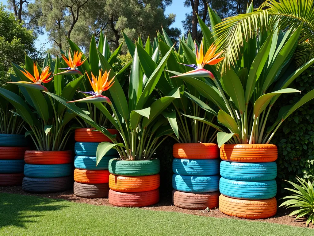 Vibrant Tropical Tire Garden Screen - A stunning garden boundary created from stacked recycled tires painted in vibrant Caribbean blues, sunset oranges, and tropical greens, artistically arranged to form multi-level platforms. Lush Birds of Paradise flowers with their dramatic orange blooms emerge from the top tier, while elegant palm fronds cascade downward, creating natural shade patterns. The afternoon sun casts dramatic shadows across the colorful tire wall, highlighting its unique textural elements. Shot from a wide angle showing the full height of the 8-foot screen, with a shallow depth of field emphasizing the tropical foliage against the painted tire backdrop. Professional DSLR capture with natural lighting enhancing the rich colors and organic textures.