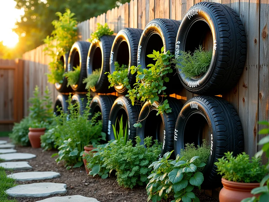 Vertical Herb Garden Tire Fence at Sunset - A stunning vertical herb garden made from recycled tires, photographed during golden hour. The tires are artfully stacked 6-feet high against a rustic wooden fence backdrop, creating a living wall effect. Each black tire is painted with white stenciled labels identifying herbs like 'Basil', 'Thyme', and 'Rosemary'. Lush green herbs cascade from each tire pocket, creating a textured pattern of varying foliage. The low evening sun casts long shadows and highlights the aromatic herbs, while string lights weave between the tires adding a magical ambiance. Shot with a DSLR camera at f/8, showcasing the entire installation while maintaining crisp detail of individual plants. The garden path beside it is made of natural stepping stones, with terra cotta pots and garden tools artfully arranged at the base.