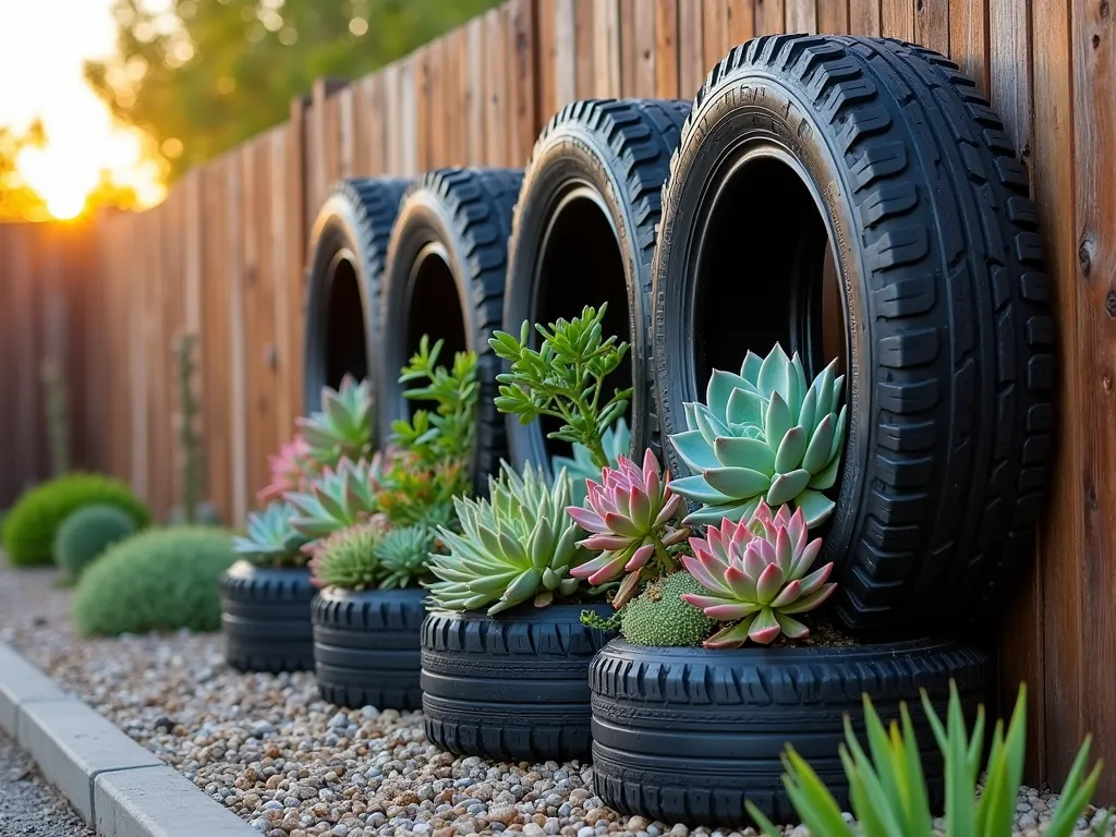 Vertical Succulent Tire Garden Wall - A creative garden boundary featuring recycled black rubber tires mounted horizontally in a grid pattern on a rustic wooden fence. Each tire serves as a unique planter filled with a vibrant array of colorful succulents including Echeveria, Sedum, and Sempervivum in shades of blue, pink, and green. The living wall is photographed during golden hour, with warm sunlight casting gentle shadows across the textured plants. The composition shows both a medium shot of the overall pattern created by the tire arrangement and close-up details of the succulents spilling over the tire edges. The base of the wall features ornamental gravel and drought-resistant groundcover, creating a cohesive desert-garden aesthetic. Shot in high resolution with shallow depth of field to highlight the intricate details of the succulent varieties.